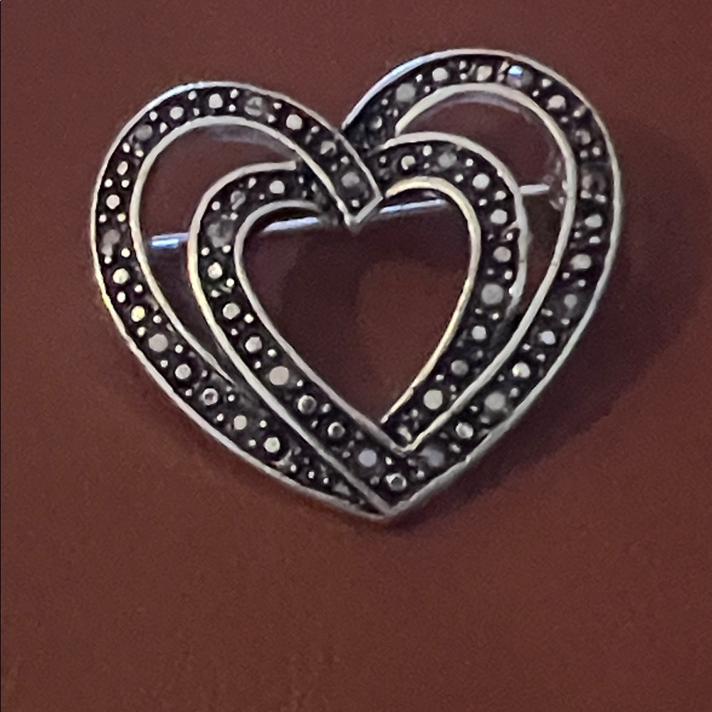 Vintage double heart brooch silver marcasite